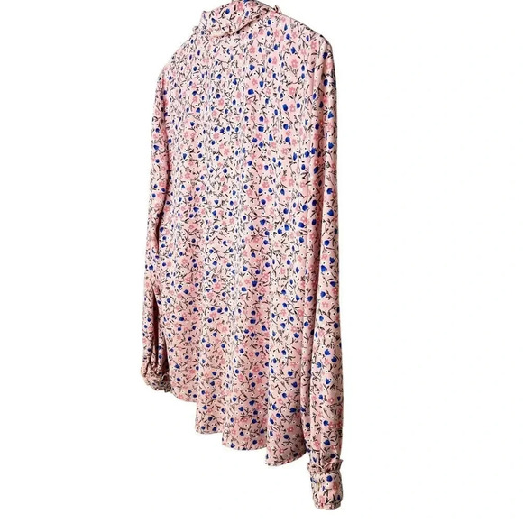 ZARA Pink Blue Floral Button Front Long Sleeve Ruffle Detail Blouse  Sz. XL - Picture 9 of 13